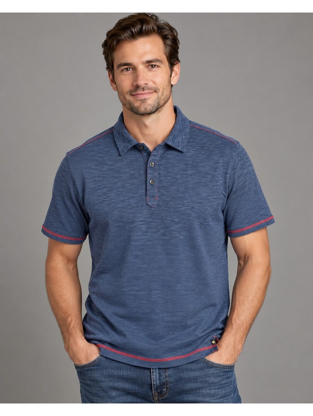 Nat Nast Mens L Blue Textured Polo Shirt Red Stitching Short Sleeve
